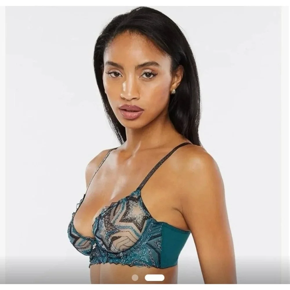 Savage X Fenty NWT 32C Unlined Lace Demi Bra Shining Star-Wildflower‎ Blue